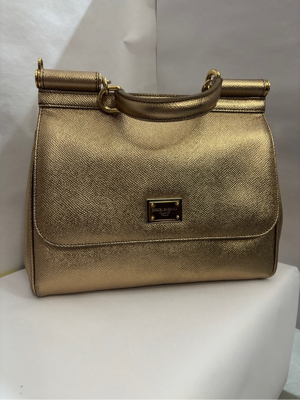 Dolce & Gabbana Medium Metallic Gold Sicily Leather Top-Handle Satchel